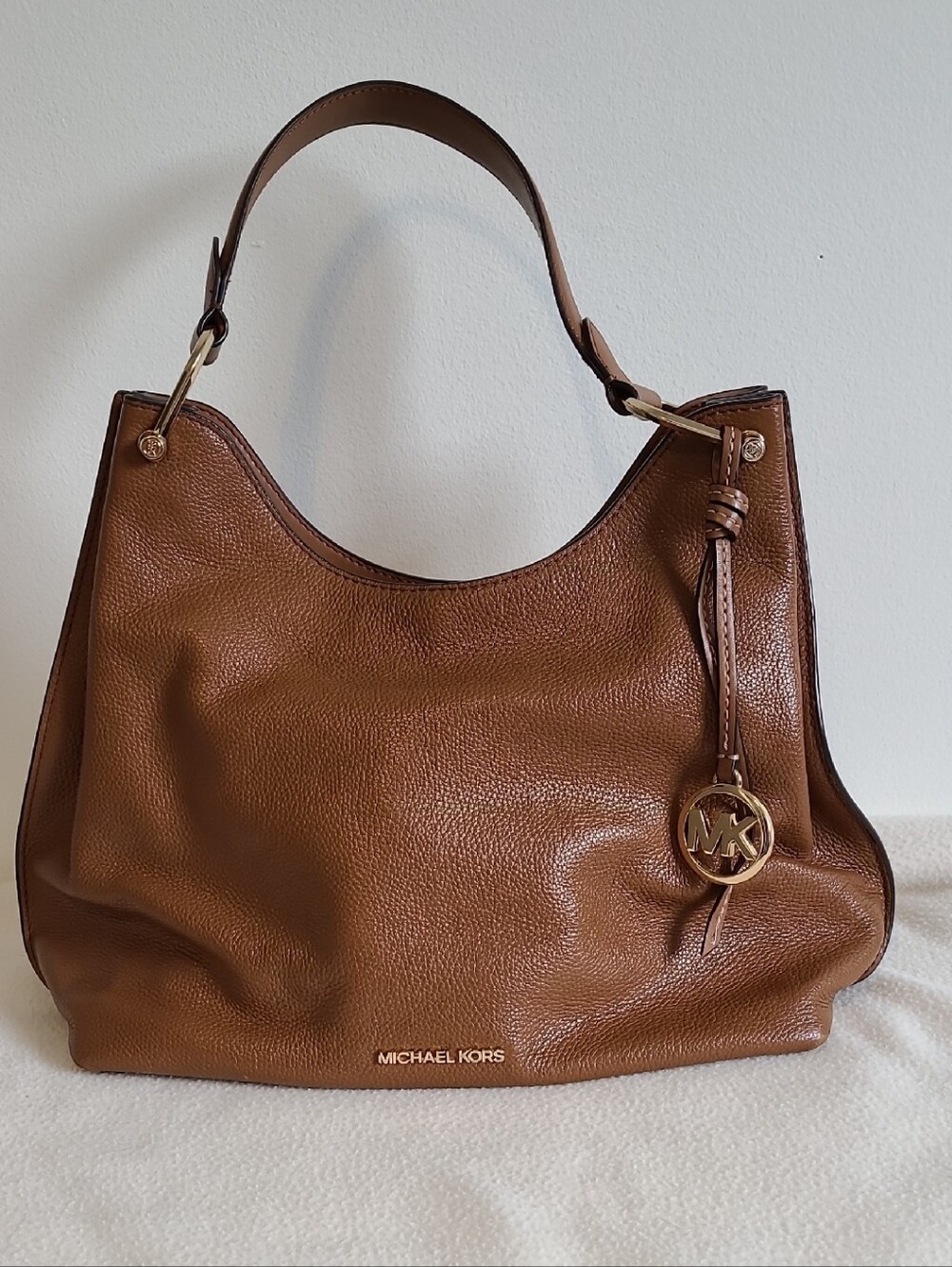 Michael Kors Cognac Pebbled Leather Shoulder Tote with Gold MK Charm